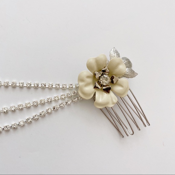 Triple Comb Enamel Bridal Headpeice Crystal Swags - Picture 10 of 11